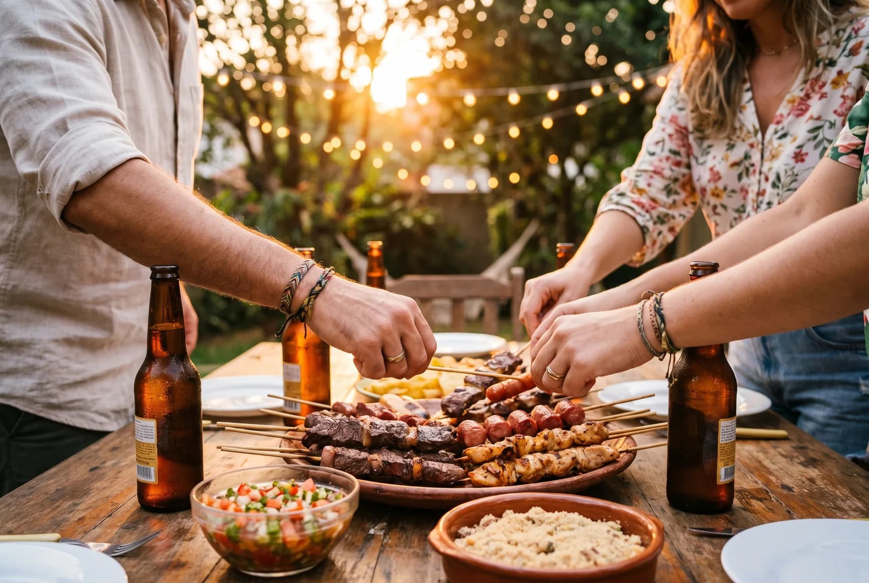 Mesa de churrasco brasileiro com espetinhos assados sendo servidos
