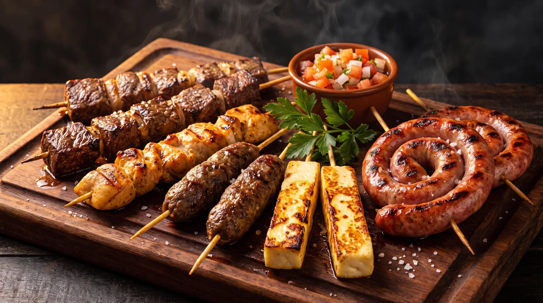 Espetinhos assados numa tábua de madeira